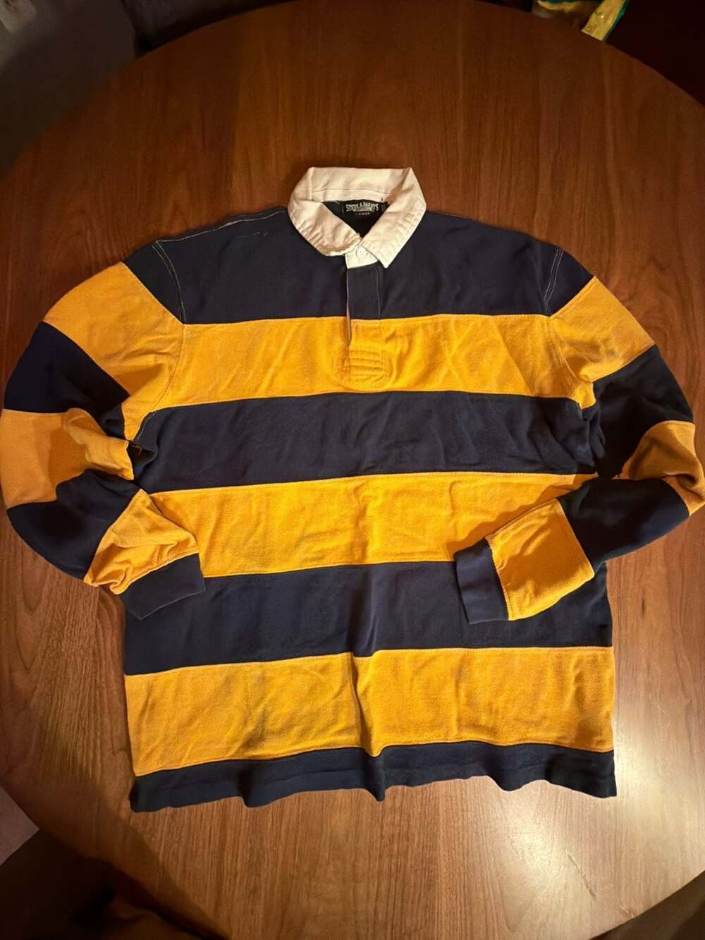 Steve & Barry's Rugby Shirt Size Large Blue Yellow Striped Long Sleeve